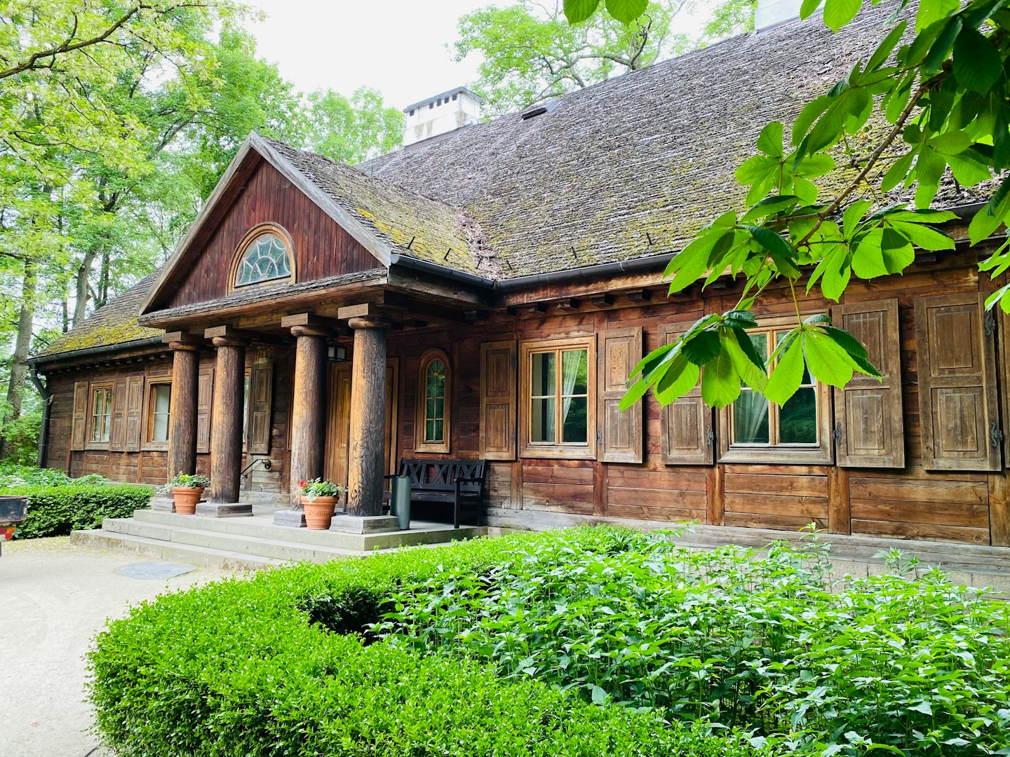 Drewniany domek z werandą otoczony bujną zielenią.